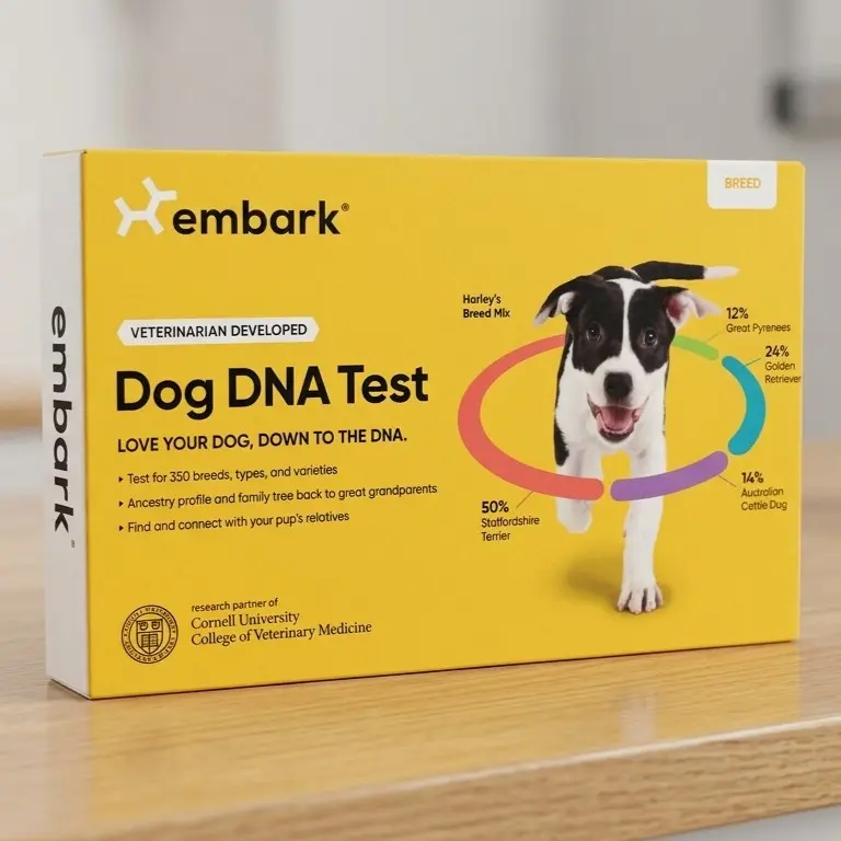 Caja amarilla de kit de ADN canino de la marca Embark.