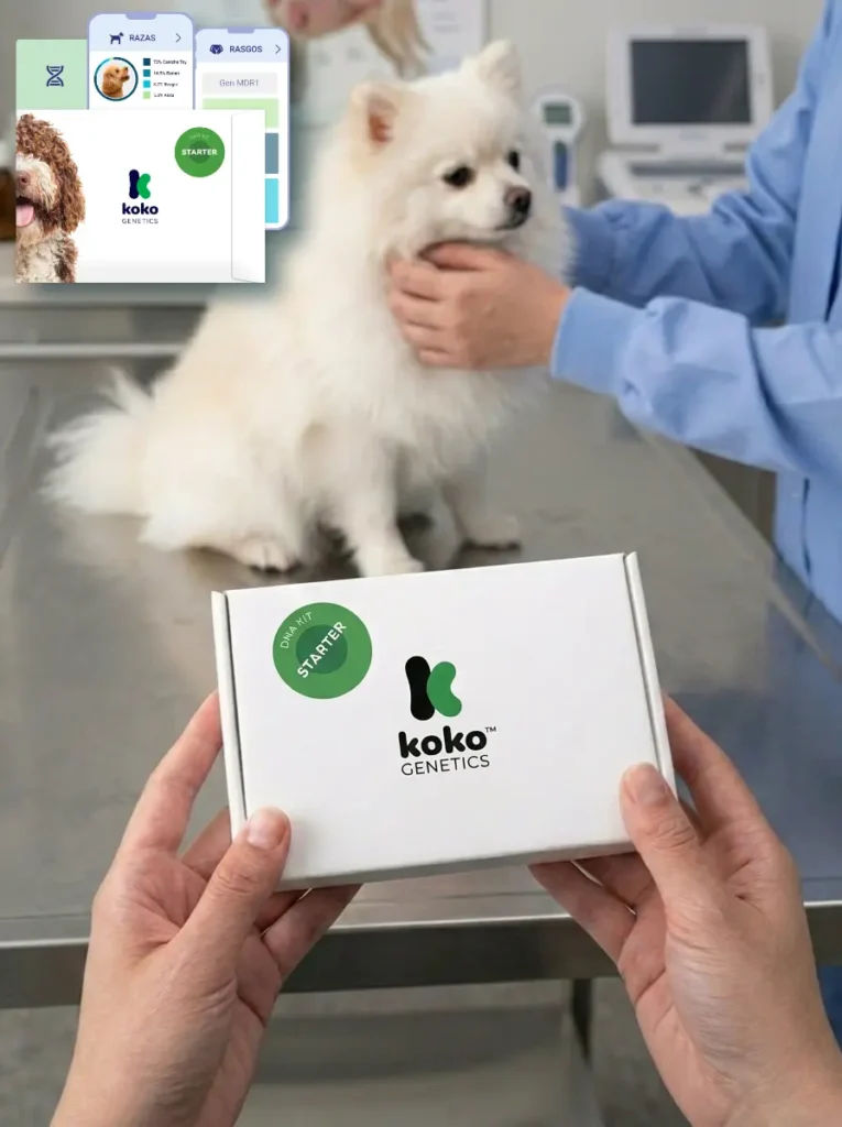 Test de ADN para perros en veterinaria con Pomerania al fondo